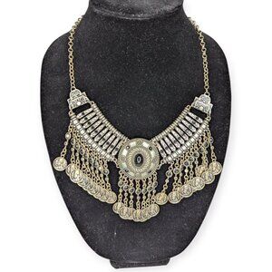 Silver Tone Large Bib Necklack with Dangling Coin Accents Lobster Claw Clasps
